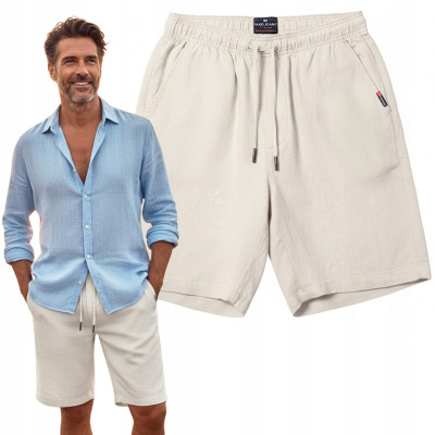 SZORTY Spodenki LNIANE Męskie z Wiskozą na Lato TAPE BEŻOWE Pako Jeans - Pakojeans.pl