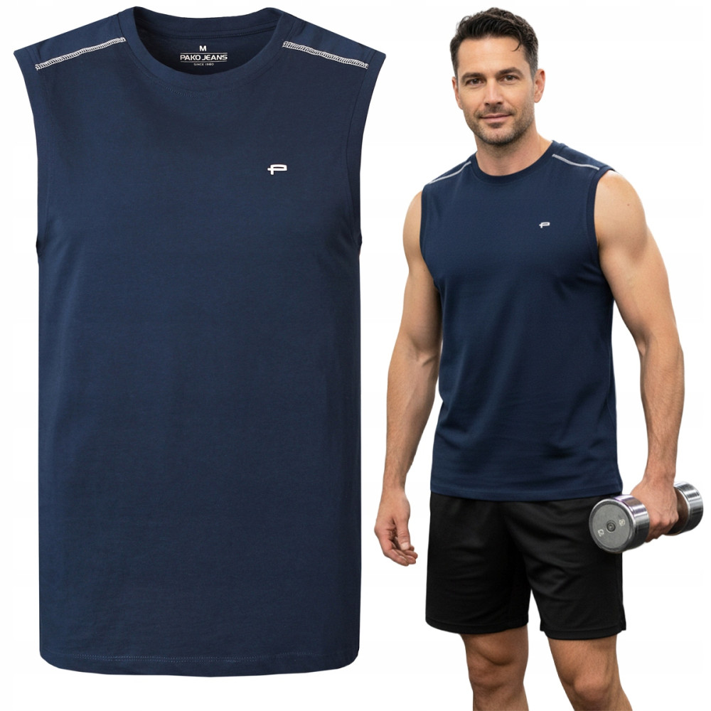 BEZRĘKAWNIK Męski Koszulka T-shirt RABINO GRANATOWY Bawełniany Pako Jeans - Pakojeans.pl