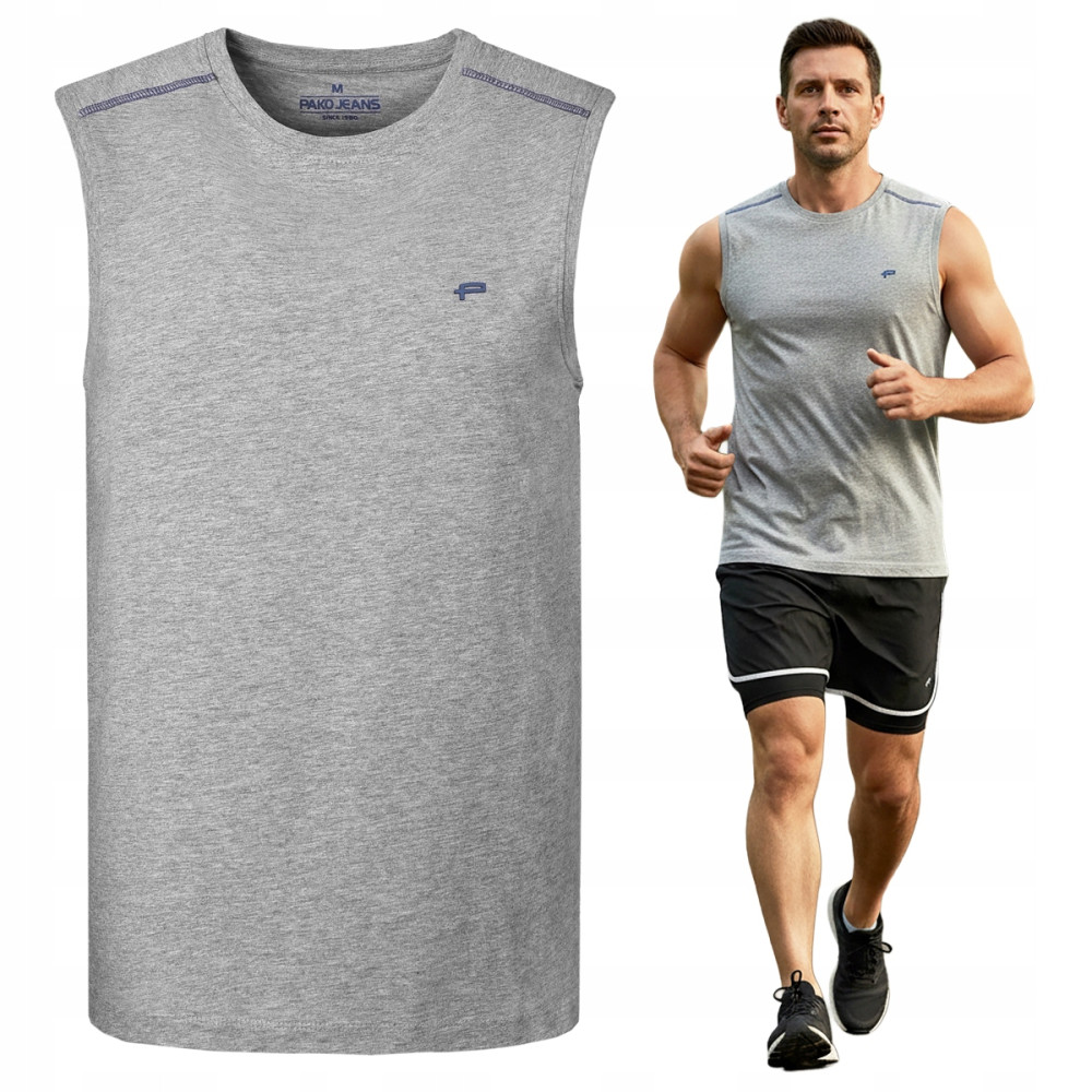 BEZRĘKAWNIK Męski Koszulka T-shirt RABINO SZARY Melanż Bawełniany Pako Jeans - Pakojeans.pl