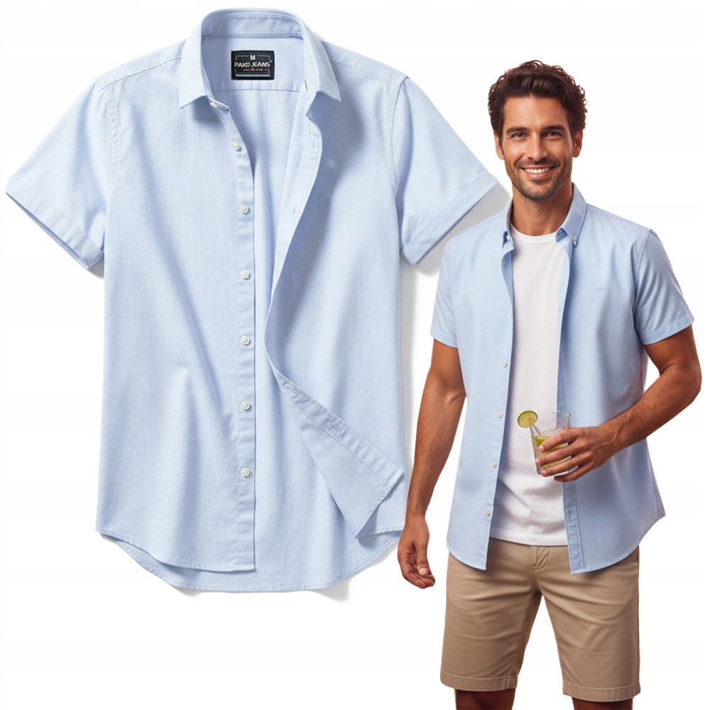 KOSZULA Męska z Krótkim Rękawem LOREN Błękitna LNIANA Regular Fit Pako Jeans - Pakojeans.pl