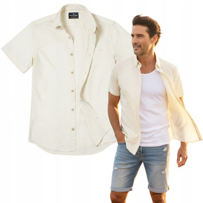 KOSZULA Męska z Krótkim Rękawem LOREN Kremowa LNIANA Regular Fit Pako Jeans - Pakojeans.pl
