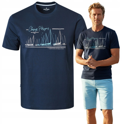 T-SHIRT Męski Koszulka z Nadrukiem GRANATOWA Bawełna VOYAGE Pako Jeans - Pakojeans.pl