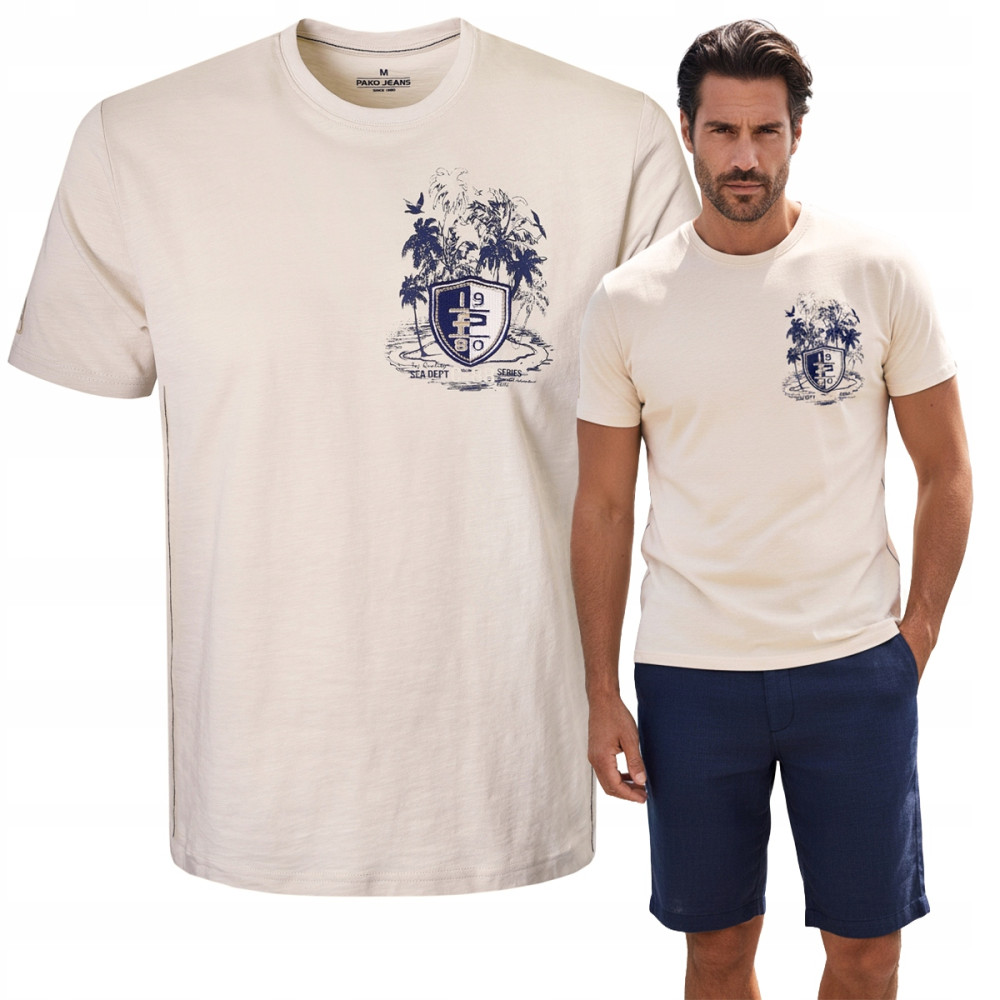T-SHIRT Męski Koszulka z Nadrukiem BEŻOWA Bawełniana SURF Pako Jeans - Pakojeans.pl