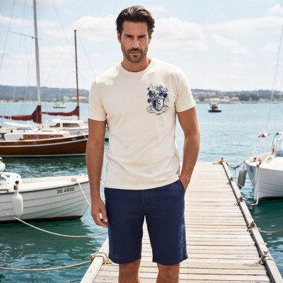 T-SHIRT Męski Koszulka z Nadrukiem BEŻOWA Bawełniana SURF Pako Jeans - Pakojeans.pl