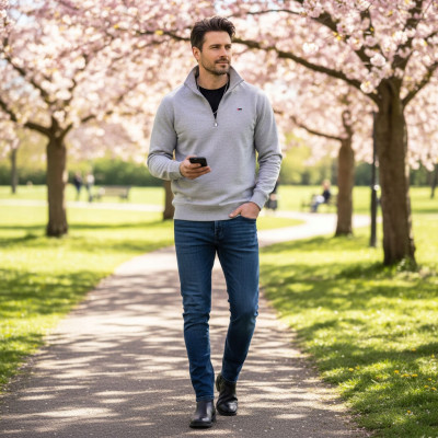 BLUZA Męska przez Głowę z Kołnierzem PASCAL SZARA Melanż na Lato Pako Jeans - Pakojeans.pl