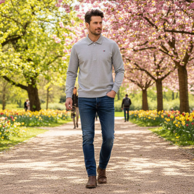 BLUZA Męska przez Głowę z Kołnierzem PASCAL SZARA Melanż na Lato Pako Jeans - Pakojeans.pl