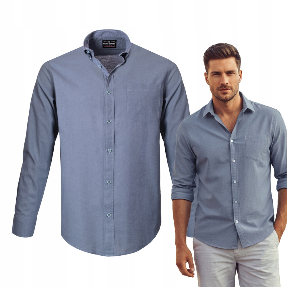 KOSZULA Męska z Długim Rękawem SERRAT Stalowa LNIANA Regular Fit Pako Jeans - Pakojeans.pl