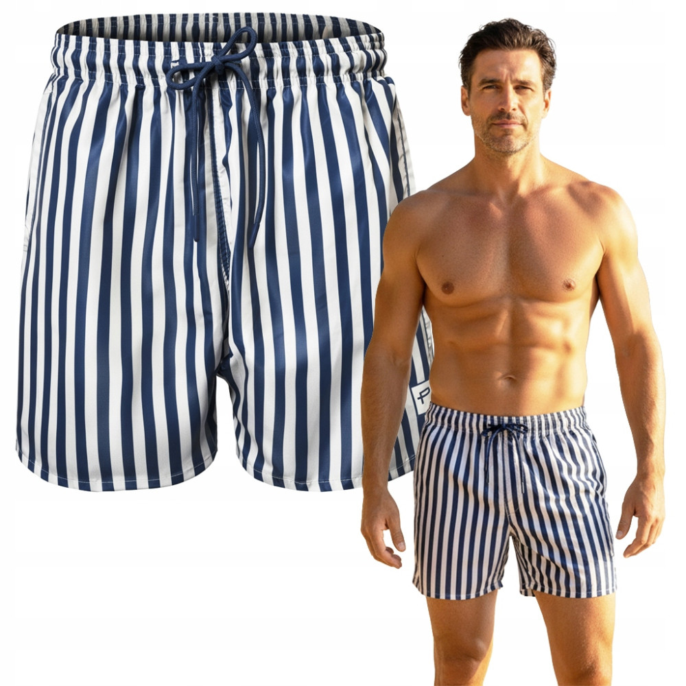 KAPIELÓWKI Męskie Spodenki SZORTY Plażowe ACUNA Granatowe w Paski Pako Jeans - Pakojeans.pl