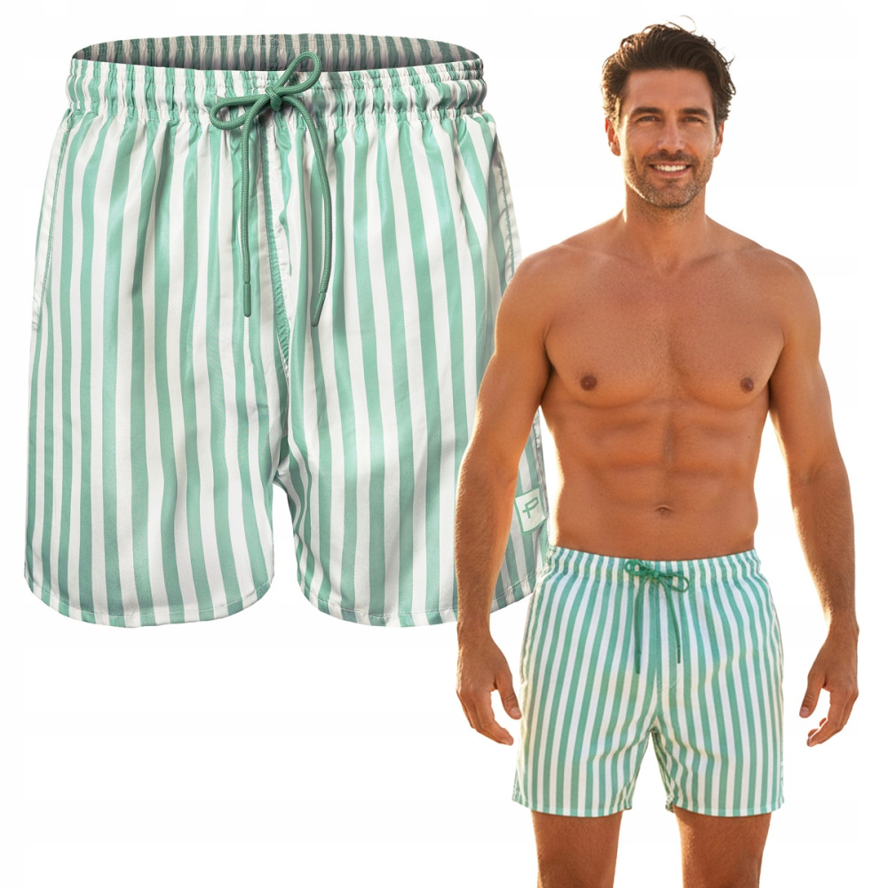 KAPIELÓWKI Męskie Spodenki SZORTY Plażowe ACUNA Miętowe w Paski Pako Jeans - Pakojeans.pl