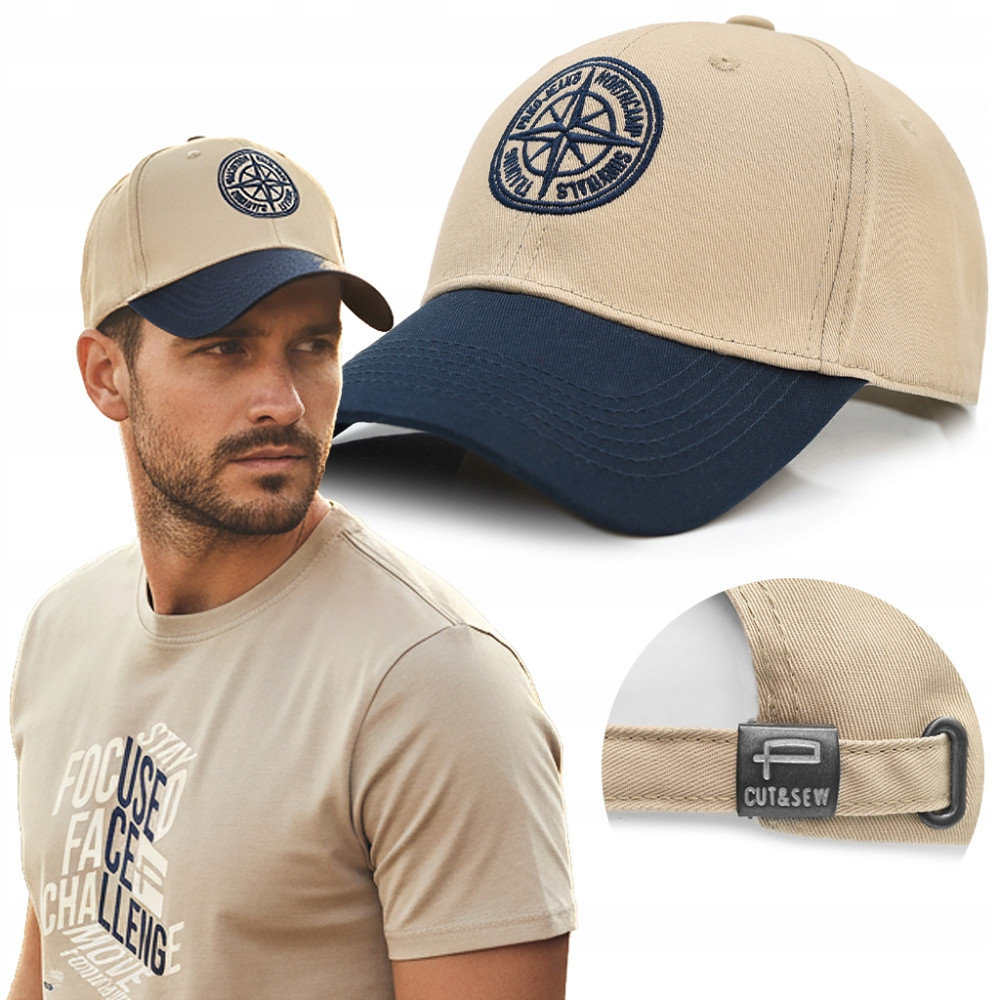 CZAPKA z Daszkiem Męska Bejsbolówka KOMPAS Beżowo - Granatowa Pako Jeans - Pakojeans.pl