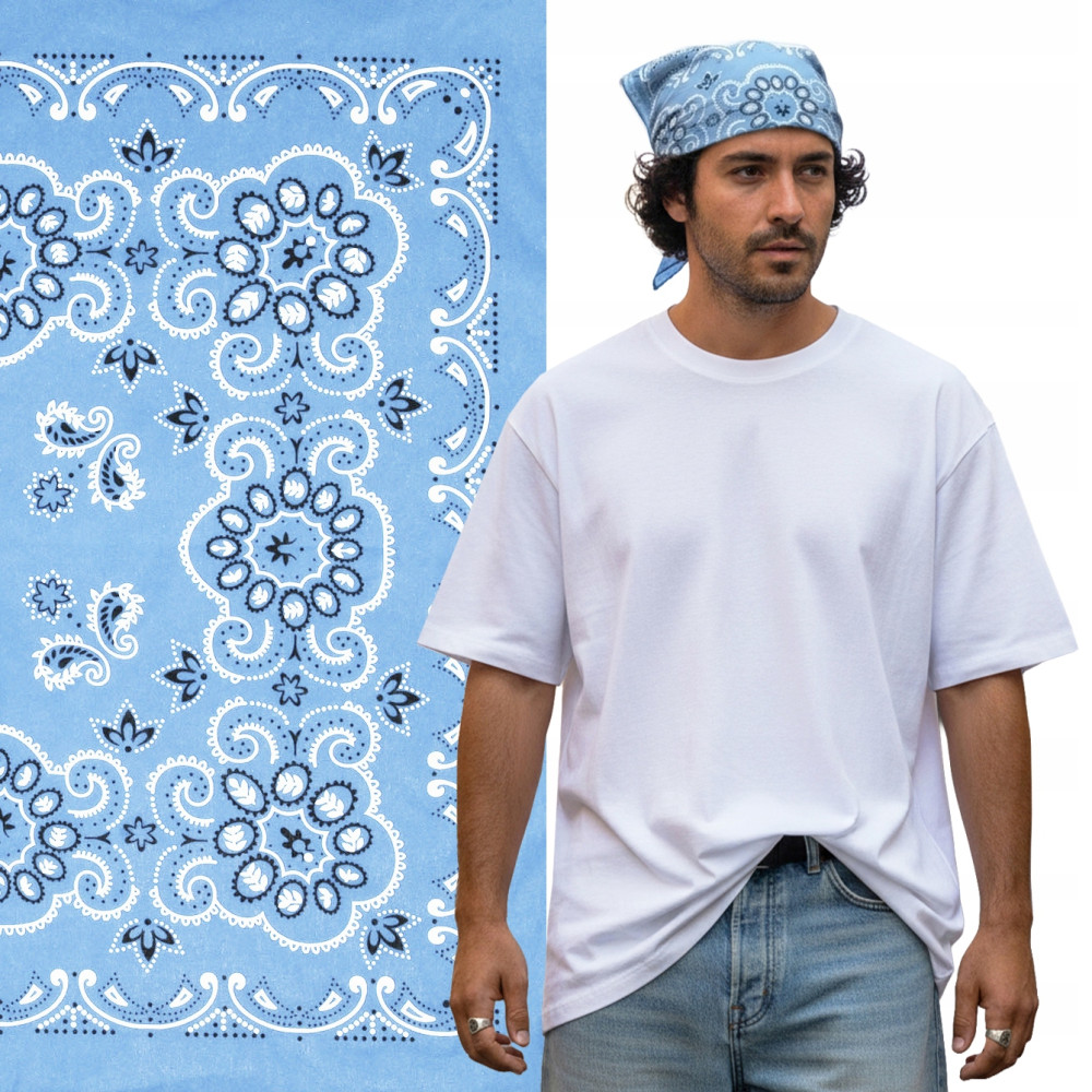Duża BANDAMKA Bandana Modna Chusta do Włosów Bawełniana XL BŁĘKITNA Paisley - Pakojeans.pl