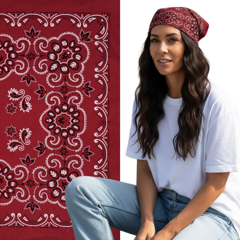 Duża BANDAMKA Bandana Modna Chusta do Włosów Bawełniana XL BORDOWA Paisley - Pakojeans.pl