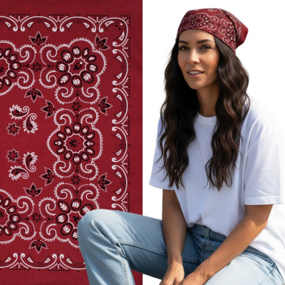 Duża BANDAMKA Bandana Modna Chusta do Włosów Bawełniana XL BORDOWA Paisley - Pakojeans.pl