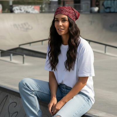 Duża BANDAMKA Bandana Modna Chusta do Włosów Bawełniana XL BORDOWA Paisley - Pakojeans.pl