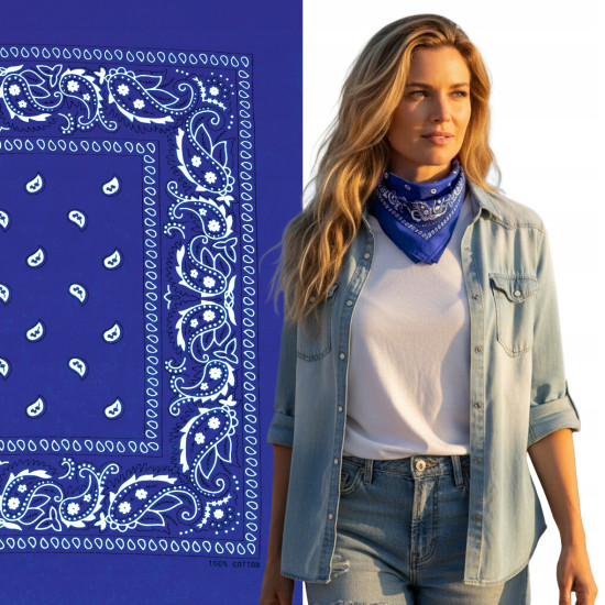 Duża BANDAMKA Bandana Modna Chusta do Włosów Bawełniana XL NIEBIESKA Paisley - Pakojeans.pl