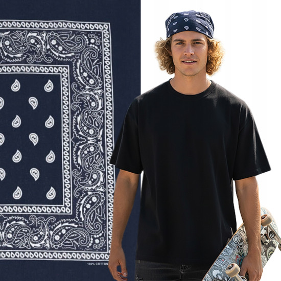Duża BANDAMKA Bandana Modna Chusta do Włosów Bawełniana XL GRANATOWA Paisley - Pakojeans.pl