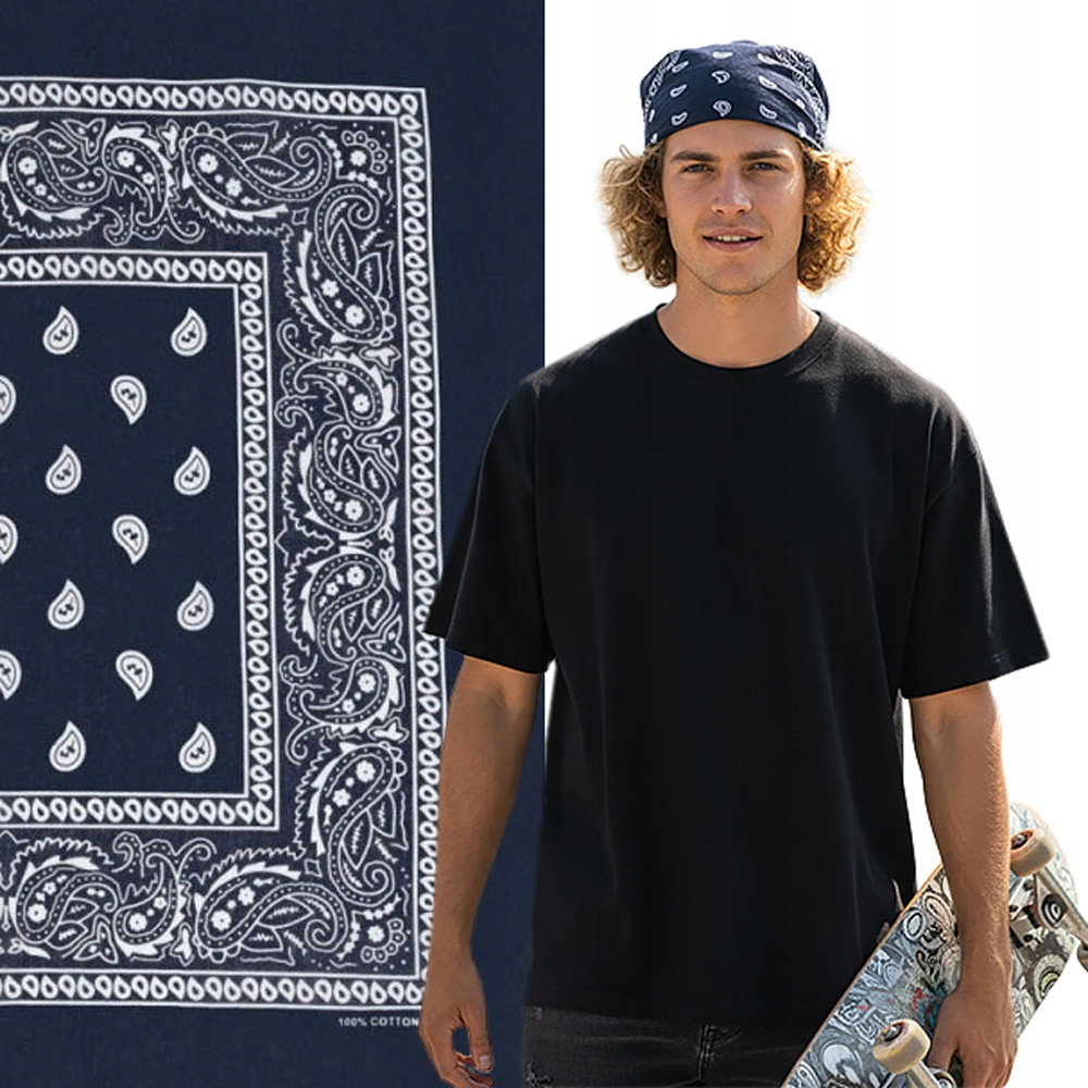 Duża BANDAMKA Bandana Modna Chusta do Włosów Bawełniana XL GRANATOWA Paisley - Pakojeans.pl