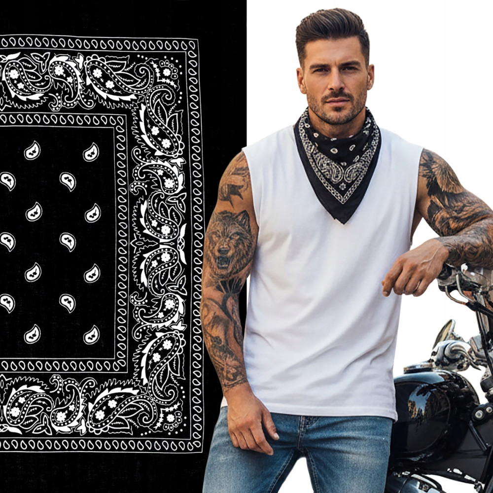 Duża BANDAMKA Bandana Modna Chusta do Włosów Bawełniana XL CZARNA Paisley - Pakojeans.pl