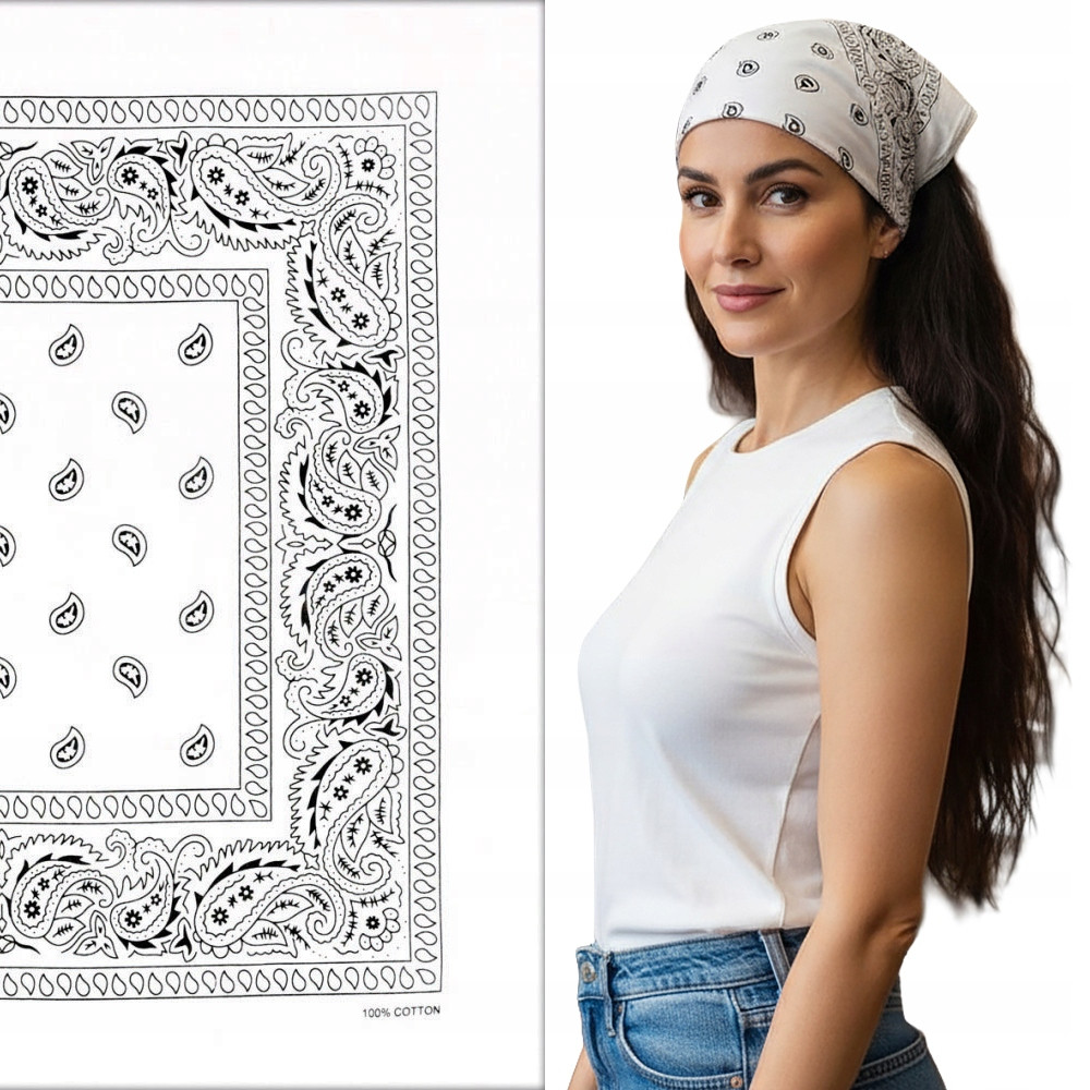 Duża BANDAMKA Bandana Modna Chusta do Włosów Bawełniana XL BIAŁA Paisley - Pakojeans.pl