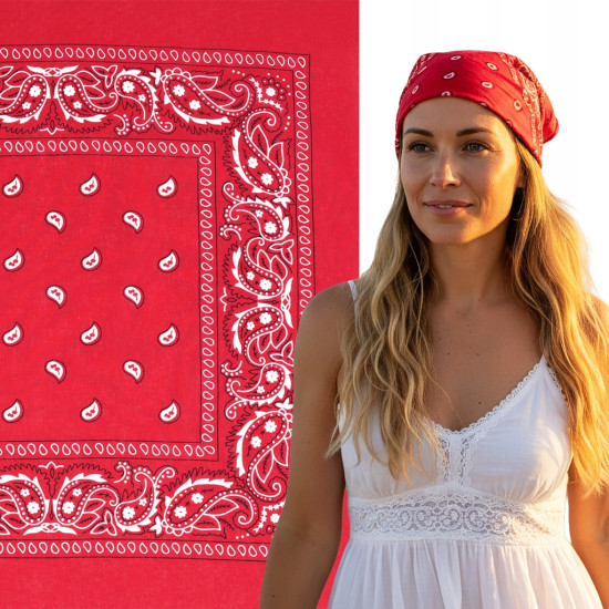 Duża BANDAMKA Bandana Modna Chusta do Włosów Bawełniana XL CZERWONA Paisley - Pakojeans.pl