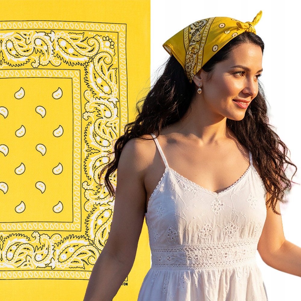 Duża BANDAMKA Bandana Modna Chusta do Włosów Bawełniana XL ŻÓŁTA Paisley - Pakojeans.pl