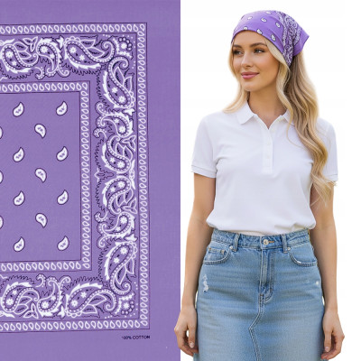 Duża BANDAMKA Bandana Modna Chusta do Włosów Bawełniana XL FIOLETOWA Paisley - Pakojeans.pl