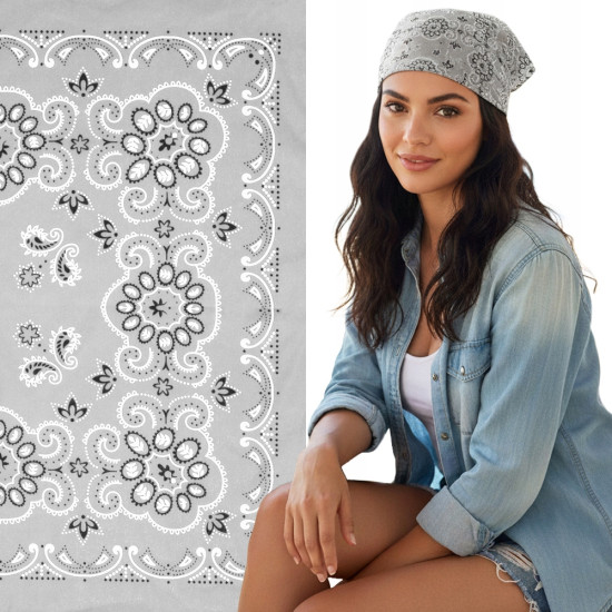 Duża BANDAMKA Bandana Modna Chusta do Włosów Bawełniana XL SZARA Paisley - Pakojeans.pl